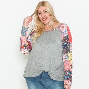 Plus Size Grey/Coral Long Sleeve Print with Hem Knot Top